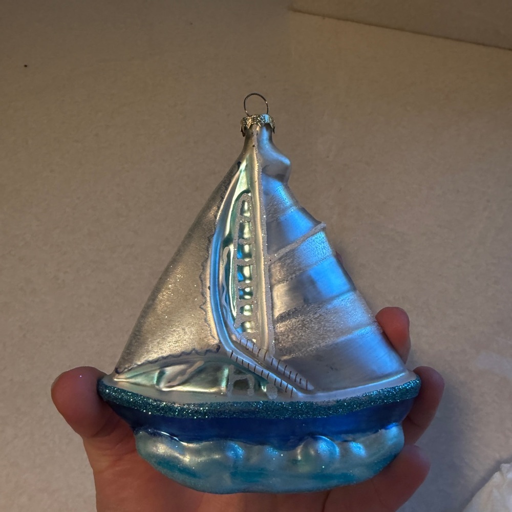 Blue and Silver Sailboat Blown Glass Ornament - Picture 2 of 4